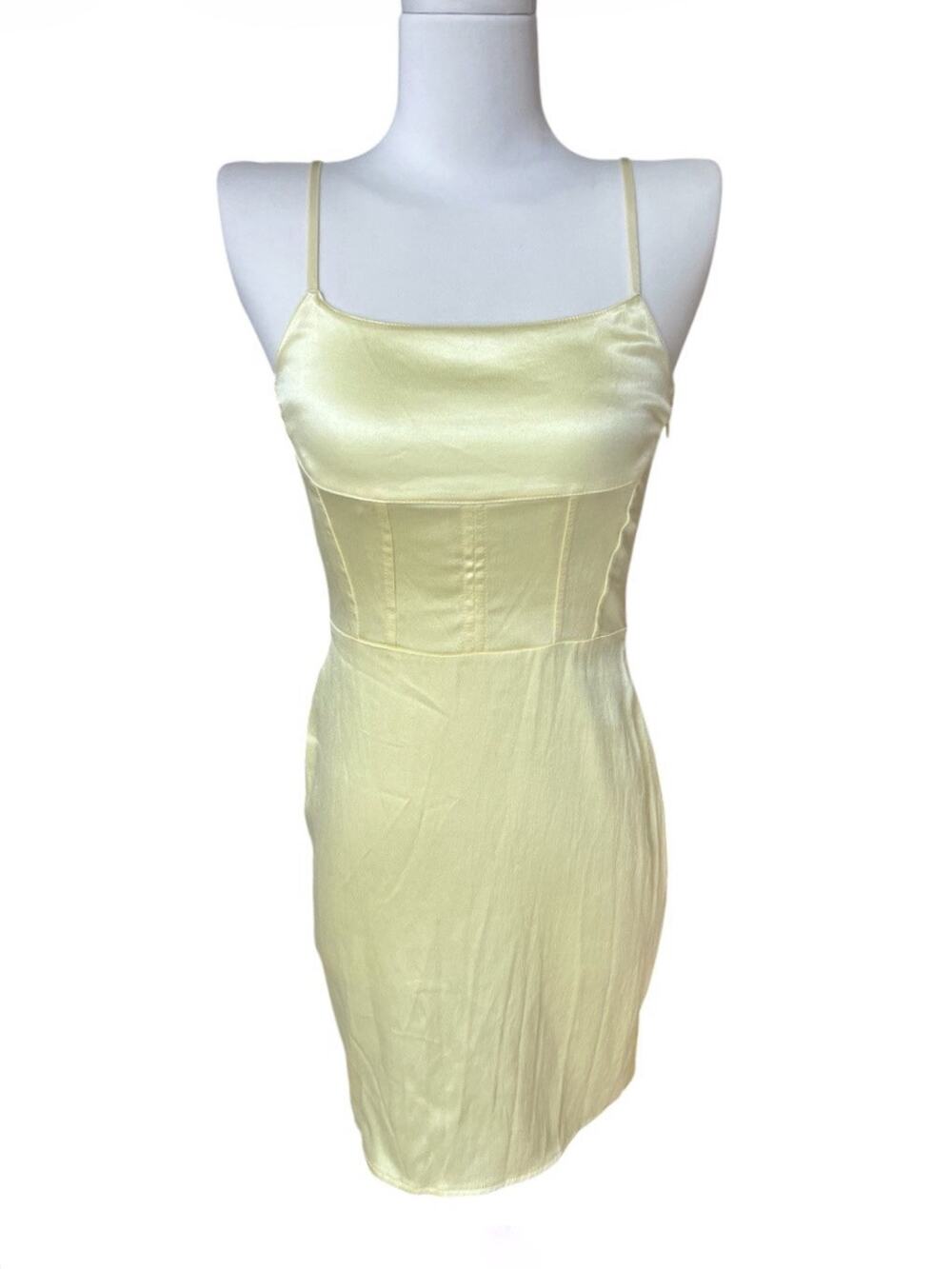 Zara NWT Yellow Satin Effect Short Mini Bodycon Dress Sz S Spaghetti Strap